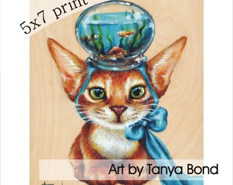 Fish Keeper - 5x7 print of an original illustration by Tanya Bond ginger abyssinian cat fishbowl goldfish kitten