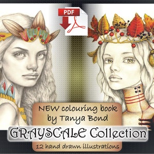 PDF Grayscale Collection colouring book for adults instant DOWNLOAD printable file fantasy illustration by Tanya Bond