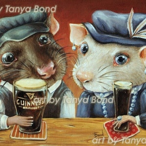 Guinness Lovers - 5x7 print of an oil painting by Tanya Bond - surreal pop - animal fantasy art Irish pub Guiness Beer drink alcohol