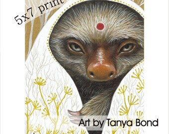 Medicine Sloth - 5x7 print of an original illustration by Tanya Bond creepy cool funny spiritual wiseman spirit animal