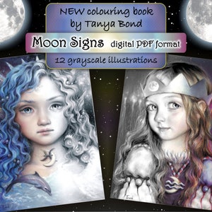 PDF Moon Signs grayscale collection colouring book for adults instant DOWNLOAD printable file astrology illustration by Tanya Bond coloring image 1