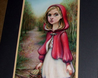 What if there is no wolf - original art by Tanya Bond - fantasy illustration pastels pop surrealism little red riding hood portrait big eyed