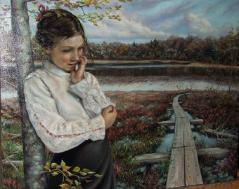 Nostalgia - original oil painting Tanya Bond portrait traditional art realism figurative modern classic bogland bog walk Ireland