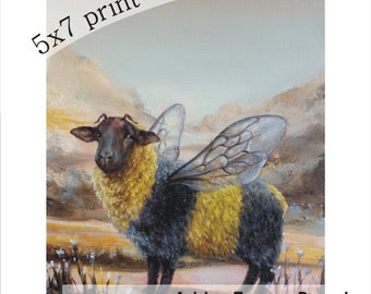 Bumblesheep - 5x7 print of an original illustration by Tanya Bond bird sheep bee bumblebee hybrid fantastical