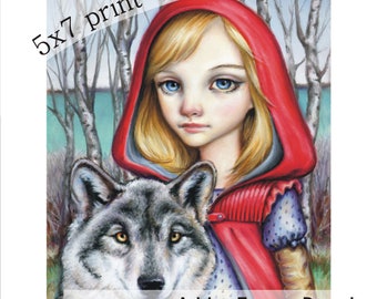 Little Red Riding Hood - 5x7 print of an original pastel illustration by Tanya Bond fairy tale wolf girl red cape