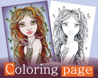 Dryad - COLORING PAGE colouring for adults instant DOWNLOAD file printable fairy fantasy pop surrealism girl