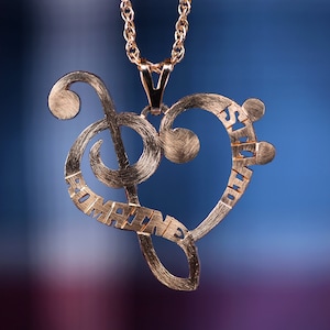 Colar de coração com clave de baixo, prata 925, nome personalizado, iniciais, letras, instrumento musical dos namorados, feito à mão, ouro 14k