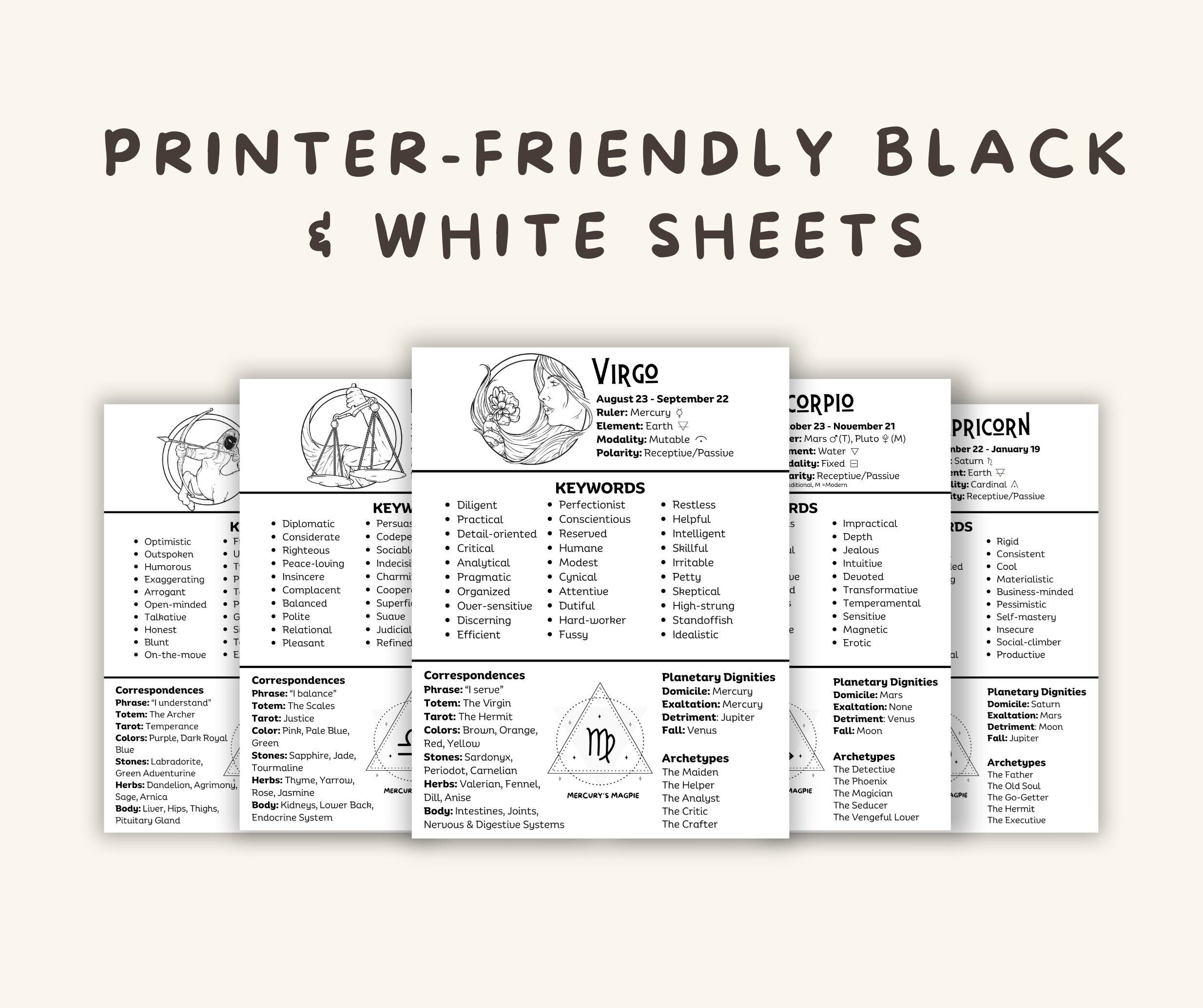 Zodiac Sign Reference Sheets: Astrology Guide Bundle (digital