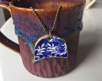 Ceramic Porcelain cobalt and white pendant necklace by Julie Fillo
