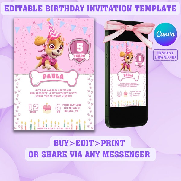 Pink Paw Patrol Birthday Invitation Template - Skye Theme Girl’s Party Invite - Editable Digital Download - Instant Customizable Card