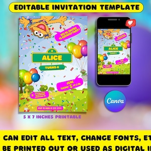 Sesame Cartoon Birthday Invitation Template - Customizable Kids Party Invite - Digital Download - Editable Text Features - Instant Access