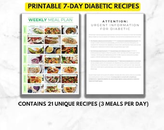 Pages de recettes de plan de repas pour diabétiques de 7 jours à imprimer | 21 Liste de repas : aliments pour diabétiques, régime alimentaire | Planificateur de la gestion des aliments pour le prédiabète