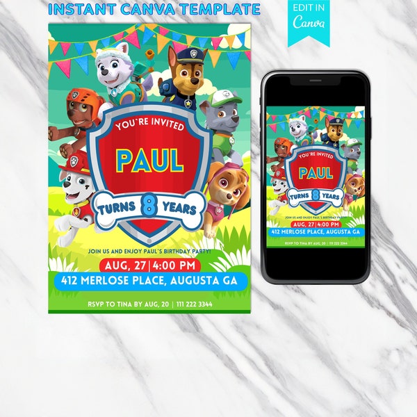 Pawpatrol birthday party invitation editable template Canva  invite kids,  paw patrol, evite, e-vite, chase, marshall, skye, rubble, everest