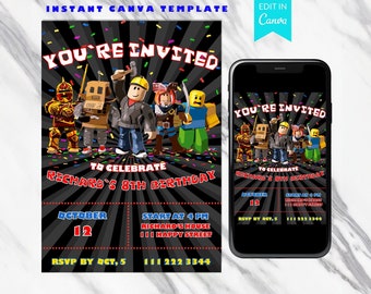 Roblox birthday party invitation editable template Canva | invite kids, evite, e-vite, game, printable, digital theme, custom invitations