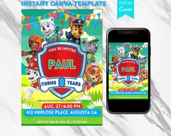 Pawpatrol birthday party invitation editable template Canva  invite kids,  paw patrol, evite, e-vite, chase, marshall, skye, rubble, everest