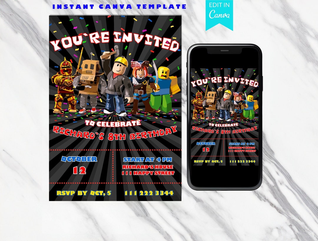 Roblox Birthday Party Invitation Editable Template Canva Invite Kids ...