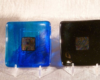 Dichroic Glass Design Trinkets Dishes Blue/Turquoise and Black