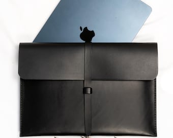 Läderfodral för MacBook 13, 14, 16" och iPad Pro 11, 12,9" - Premium iPad-fodral, handsytt av Buttero-läder - MacBook Air Pro-fodral - Svart