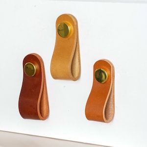 Op de afbeelding: Drie leren ladehandgrepen in verschillende bruintinten, elk met een goudkleurige metalen klinknagel. De handgrepen zijn lusvormig, ontworpen voor een gemakkelijke grip. De achtergrond is wit.