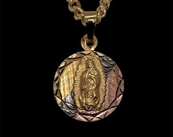 14k Gold Plated Virgen de Guadalupe Diamond Cut Necklace 3 Golds Virgin Mary Necklace Virgen de Guadalupe Tres Oros Diamante Corte Laminado