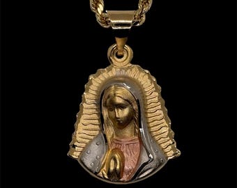 14k Gold Plated Virgen de Guadalupe Diamond Cut Necklace 3 Golds Virgin Mary Necklace Virgen de Guadalupe Tres Oros Diamante Corte Laminado