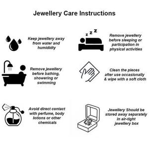 Puede incluir: Gr&aacute;fico en blanco y negro que ilustra las instrucciones de cuidado de las joyas. Incluye iconos y texto que aconsejan mantener las joyas alejadas del agua, quit&aacute;rselas antes de dormir y guardarlas en una caja herm&eacute;tica.