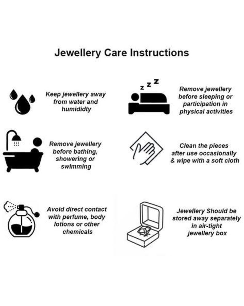 Puede incluir: Gr&aacute;fico en blanco y negro que ilustra las instrucciones de cuidado de las joyas. Incluye iconos y texto que aconsejan mantener las joyas alejadas del agua, quit&aacute;rselas antes de dormir y guardarlas en una caja herm&eacute;tica.