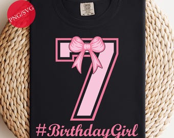 7th Birthday Girl Est 2019 Coquette Bow Design: Varsity Shirt SVG PNG (Digital Download)