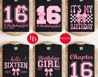 Sweet Sixteen SVG Bundle: Pink Bow Birthday Shirt Designs (Digital Download
