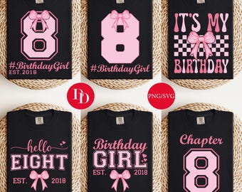 8th Birthday Girl SVG Bundle: Pink Bow Shirt Designs (Digital Download