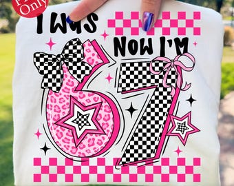 I Was 6 Now I’m 7 Birthday Design: Cute Pink Leopard Checkerboard PNG (Digital Download)