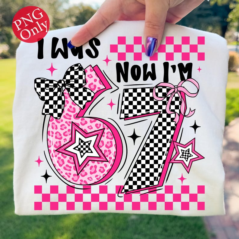 May include: White t-shirt with the text "I WAS NOW I'M" in black. The number "37" is in pink with a leopard print design and a star. The design includes black and white checkered bows and stars.