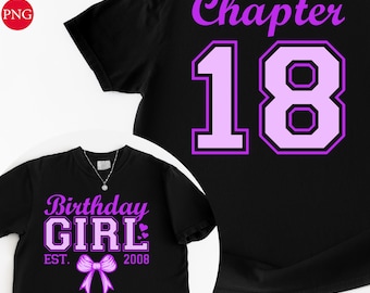 Projekt koszulki dla dziewczynki z okazji 18. urodzin: Fioletowa kokarda, rozdział 18 (plik PNG SVG do pobrania)
