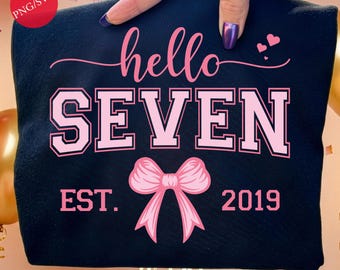 Hello Seven Birthday Girl Design Est 2019: Pink Bow Seventh Birthday PNG SVG Bundle (Digital Download)