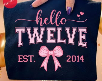 Hello Twelve Birthday Girl Design Est 2014: Pink Bow Twelfth Birthday PNG SVG Bundle (Digital Download)