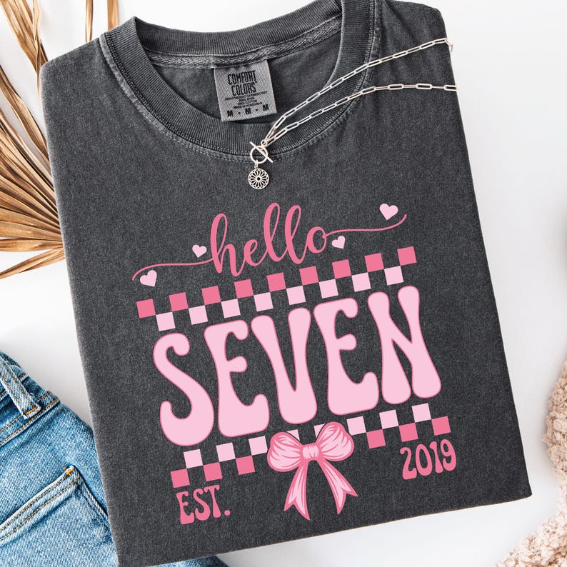 Hello Seven Hello Seven 7th Birthday PNG SVG: Pink Checkerboard Shirt Design ...
