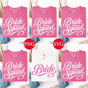 May include: Pink t-shirts with the words "Bride Squad" in white script. One white t-shirt with the word "Bride" in pink script. The shirts have a crew neck and a small necklace. The image also includes the text "PNG" and "SVG".