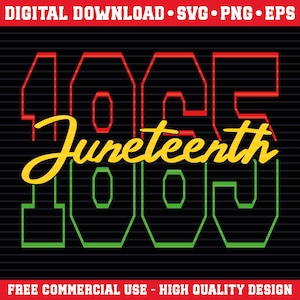 May include: A digital design with the word "Juneteenth" in yellow script, set against a black background. The numbers "1865" are outlined in red and green. The design also includes the text "DIGITAL DOWNLOAD" and "FREE COMMERCIAL USE".