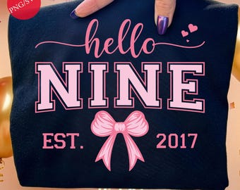 Hello Nine Birthday Girl Design Est 2017: Pink Bow Ninth Birthday PNG SVG Bundle (Digital Download)