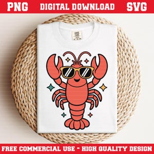 Cool Lobster with Sunglasses PNG & SVG – Summer Beach Shirt Design, Coastal Vacation Clipart, Sea Animal Cartoon, 300 DPI Sublimation