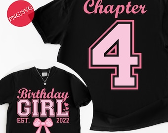 4th Birthday Girl Shirt Design: Pink Bow, Chapter 4 (PNG SVG Digital Download