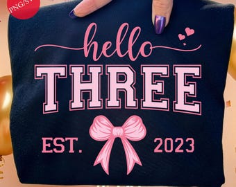 Hello Three Birthday Girl Design: Pink Bow SVG PNG Bundle (Digital Download)