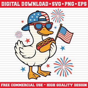 Patriotic Duck 4th of July SVG PNG Eps – Cute USA Cartoon Duck with Hot Dog & Flag – Vinyl Layered Design – Cricut Sublimation File