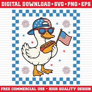 Patriotic Duck 4th of July SVG PNG Eps – USA Cartoon Duck Holding Hot Dog and Flag – Independence Day Shirt Design