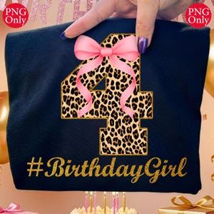 Cumpleaños de niña con estampado de leopardo número 4: Lazo rosa PNG (Descarga digital)