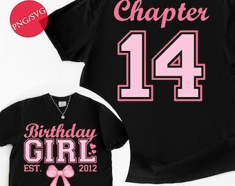 Projekt koszulki dla dziewczynki na 14. urodziny: Różowa kokarda, rozdział 14 (pobieranie cyfrowe PNG SVG)