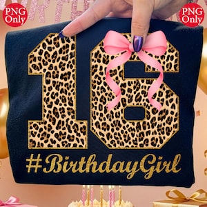 Numero 16 per la ragazza del compleanno con stampa leopardata: fiocco rosa PNG (download digitale)