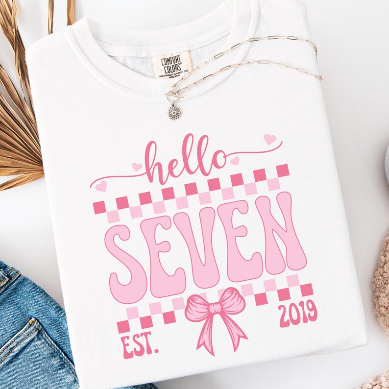 Hello Seven Hello Seven 7th Birthday PNG SVG: Pink Checkerboard Shirt Design ...