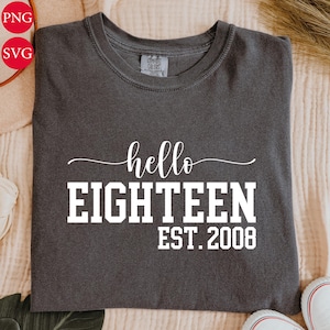 Könnte beinhalten: Dunkelgraues T-Shirt mit dem weißen Schriftzug "hello EIGHTEEN EST. 2008". Das Shirt hat einen Rundhalsausschnitt und ein Comfort Colors-Etikett. Das Kleidungsstück liegt auf einer hellen Oberfläche.