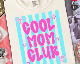 Mom Club PNG: Retro Pink Blue Stripes, Coquette Bows (Digital Download)